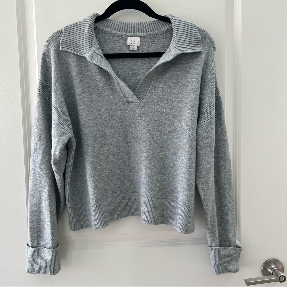A New Day - Women’s Collared Split Neck Pullover Sweater - Gray M